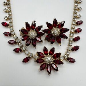Vintage Denbe Red Floral Necklace 14” and Clip On Earring Set